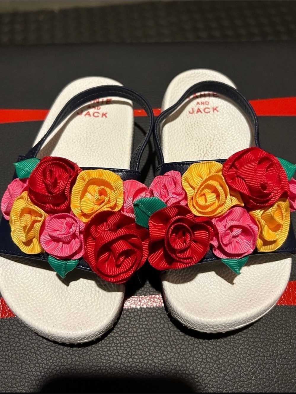 Janie and Jack Navy Floral Ribbon Slide Sandals - Red, Pink, Yellow, Green